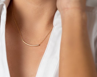 Minimal Bar Necklace - Simple Necklace - Gold Tube Necklace - Thin Curved Bar Pendant Necklace - Minimalistic Jewelry