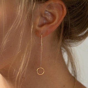 Gold Filled Threader Earrings: Long Circle Drop, Dainty Handmade Jewelry