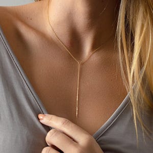 Gold Lariat Necklace – Waterproof Y Necklace – Dainty Layering Necklace – Summer Wedding Jewelry – Everyday Gold Necklace – Gift For Her