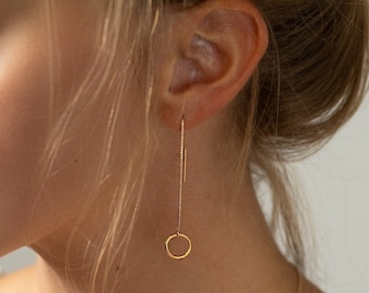 Long Circle Earrings - Small Hoop Earrings - Gold Threader Earrings - Dainty Gold Earrings