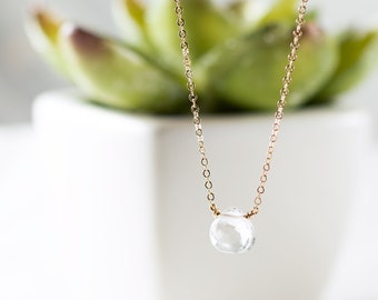 Clear Gemstone Necklace - White Topaz Tiny Drop Necklace - Simple Crystal Necklace
