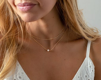 Double Layer Pearl Necklace - Tiny Pearl on dainty chain - Layered Gold Necklace - Double wrap necklace