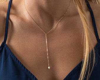 Pearl Lariat Necklace - Tiny Pearl Necklace - Dainty Layering Necklace - Simple Lariat