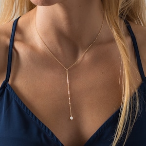 Pearl Lariat Necklace - Tiny Pearl Necklace - Dainty Layering Necklace - Simple Lariat