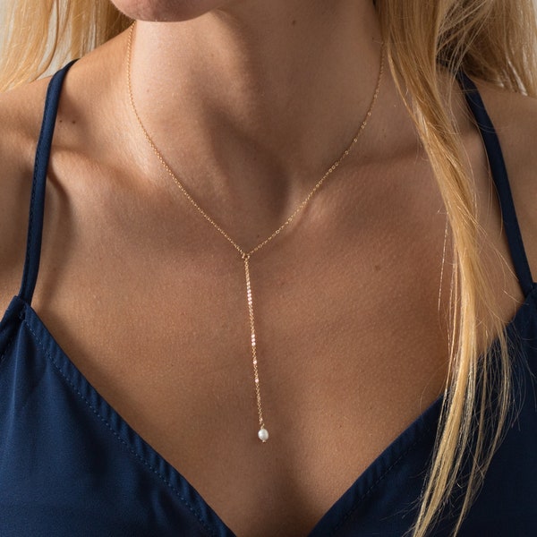 Pearl Lariat Necklace - Tiny Pearl Necklace - Dainty Layering Necklace - Simple Lariat