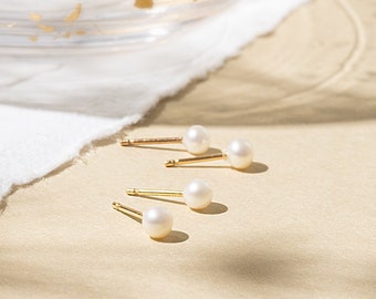 Simple Pearl Studs - Freshwater Pearl Earrings - Dainty Pearl Prongs - White Pearl Stud Earring