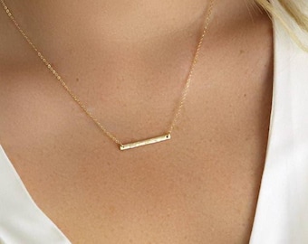 Dainty Hammered Gold Bar Necklace – 14k Gold Filled Pendant – Minimalist Layering Jewelry – Waterproof Necklace – Bridesmaid Gift For Her