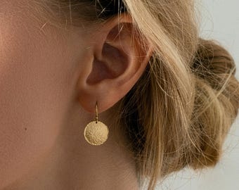 Hammered Gold Disc Earrings: 14k Gold Filled or Sterling Silver, Everyday Dangles