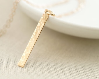 Gold bar necklace - hammered bar necklace - vertical bar pendant