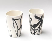 Black and white ceramic beakers. PAIR of squared porcelain tumblers, monochrome abstract style beakers by Curve Ceramics