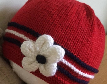 Girls Hat, Pull on Hat, Girls Stripe Hat, 1st Size Baby Hat, Reborn Baby Hat, Baby Gift, Red Baby Hat