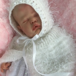 Hand Knitted Baby Cape, Christening Cape, Baptism Wrap,Hooded Baby Carrier, Reborn Baby Shawl, New Baby Gift, Baby Shower Gift.