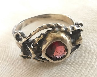 Sterling Silver Garnet Ring, Antique Silver Ring, Unique Jewelry, Alternative Engagement Ring, Eye Ring, Burgundy Gemstone Ring - Size 8 US