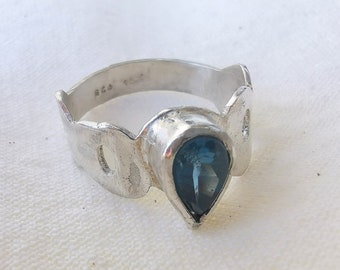 Sterling Silver Teardrop Blue Topaz Ring - Ring Size 7.5 US