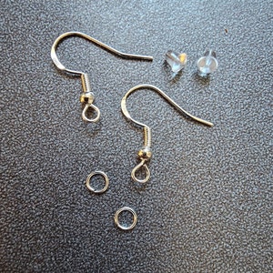 May include: Silver earring hooks, two jump rings, and two clear silicone earring backs.