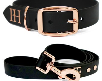 robustes Halsband BLACK RAIN mit rosegoldfarbenen Metallteilen - handgefertigt in Deutschland - Biothane