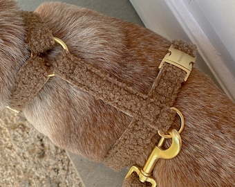 brown TEDDY dog harness for small and big dogs or puppies - gold hardware - vegan sherpa dog harness luxury for your dog