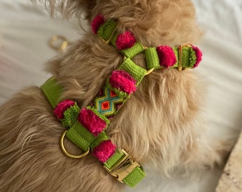 Harnais pour chien élégant NOMAD lime - Boho / Ethno / Hippie Style harnais pour petits à grands chiens - coton - végétalien