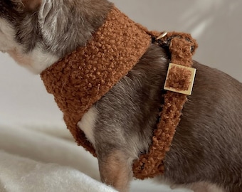 TEDDY caramel soft harness for small and big dogs or puppies - gold hardware - vegan sherpa dog harness luxury for your dog