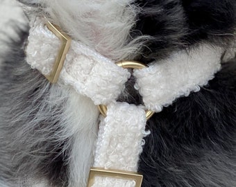 white TEDDY dog harness for small and big dogs or puppies - gold hardware - vegan sherpa dog harness luxury for your dog