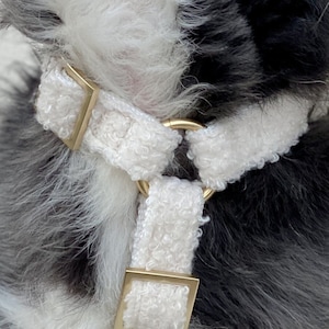 white TEDDY dog harness for small and big dogs or puppies - gold hardware - vegan sherpa dog harness luxury for your dog