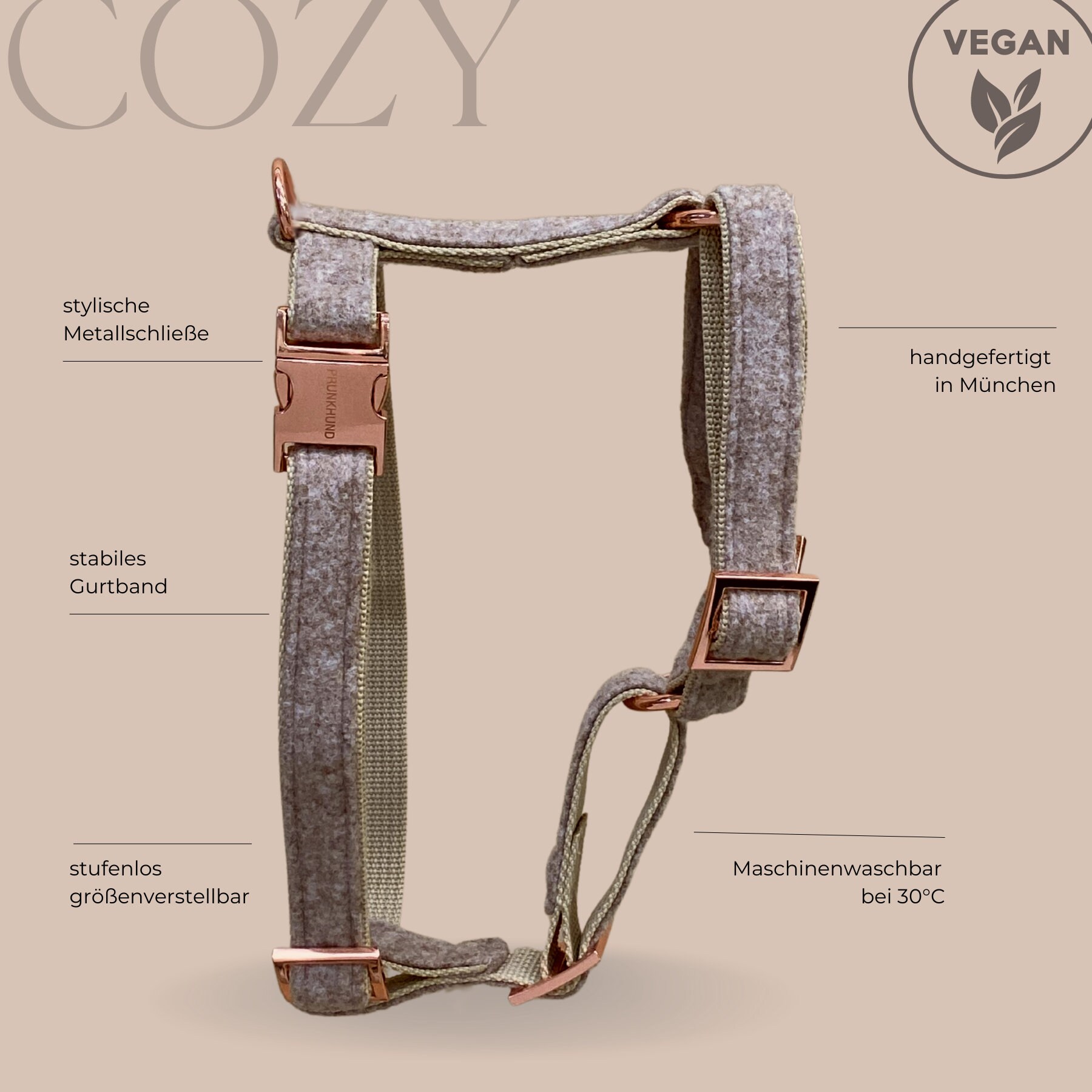 COZY Dog Harness in Light Brown With Rose Gold Hardware Handmade