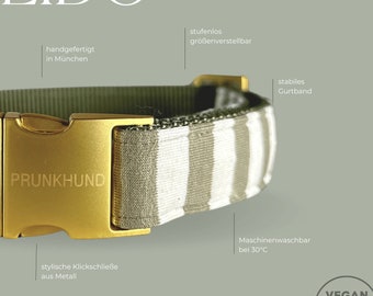 Halsband LIDO olive mit Streifen - handgefertigt in Deutschland - mit goldener Klickschließe- passende Leine erhältlich -viele Größen