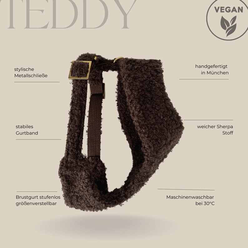 TEDDY mocca soft harness for small and big dogs or puppies gold hardware vegan sherpa dog harness luxury for your dog image 6