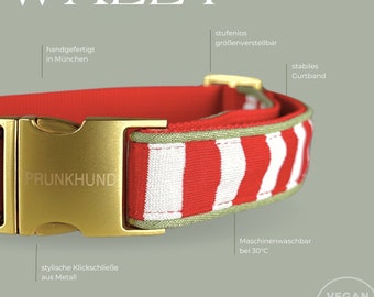 Collar WALLY with stripes in red and white - handmade in Germany - with golden click clasp - matching leash available - many sizes