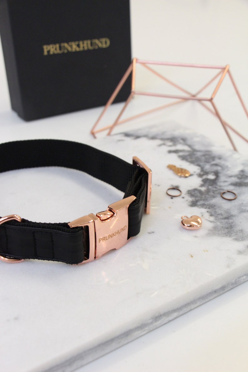 Dog collar ECLIPSE with rose gold colored hardware vegan leather in black 画像 6