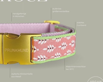 Halsband ROSE in rosa Muster - handgefertigt in Deutschland - mit goldener Klickschließe- passende Leine erhältlich - viele Größen