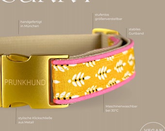 Collier SUNNY à motif jaune - fait main en Allemagne - avec fermoir à clic doré - laisse assortie disponible - de nombreuses tailles