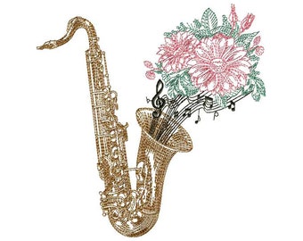Saxopheonies Machine Embroidery Design in Three Sizes - 5"x7" and 7" x8" hoop
