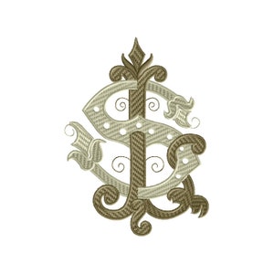 Puede incluir: Un monograma con las letras "S" e "I" entrelazadas en una fuente decorativa y estilizada. Las letras son de color beige claro y el fondo es blanco.