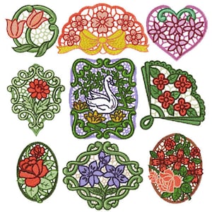 ABC Embroidery Designs 9 Romantic Lace Medallions for 5x7 hoop Machine Embroidery Neckline, Inserts image 1