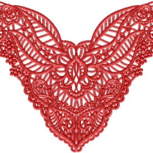 Könnte beinhalten: Ein rotes Spitzen-Schmetterlingsdesign mit filigranen Details. Das Design ist symmetrisch und hat eine spitze Unterseite.
