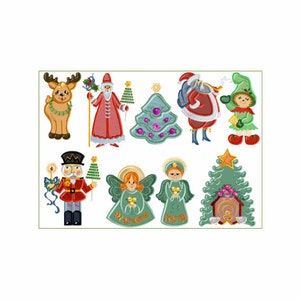 Może przedstawiać: Zestaw dziesięciu wzorów haftu o tematyce świątecznej, w tym renifer, Święty Mikołaj, choinka, dziadek do orzechów, anioły i scena narodzin.