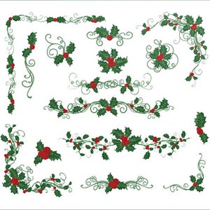 May include: A set of 14 digital clipart images featuring holly sprigs with red berries and green leaves. The holly sprigs are arranged in various shapes and sizes, including corners, borders, and swirls.