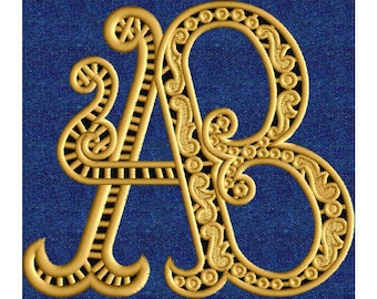 AB 5 Two-Letter Cutwork Monogram Machine  Embroidery Design in  3 Sizes - for 5"x 7" hoops