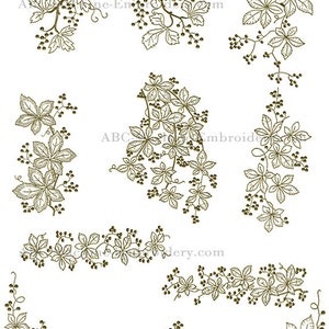 May include: A set of eight embroidery designs featuring intricate vine and leaf patterns with small berries. The designs are perfect for adding a touch of nature to any project.