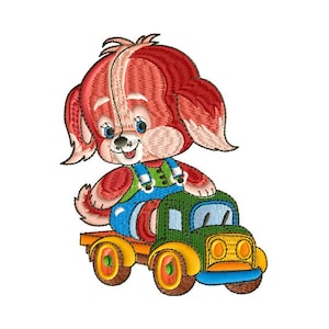 車に乗った子犬の機械刺繍デザイン、3 サイズ 4" x 4" および 5" x 7" の枠