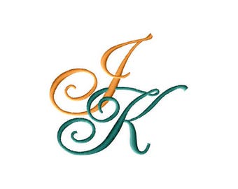 J and K #2 Two-Letter Monogram Combination  Machine  Embroidery Design in 6 Sizes - for 4" x 4" and 5"x 7"  and 6"x7" hoops