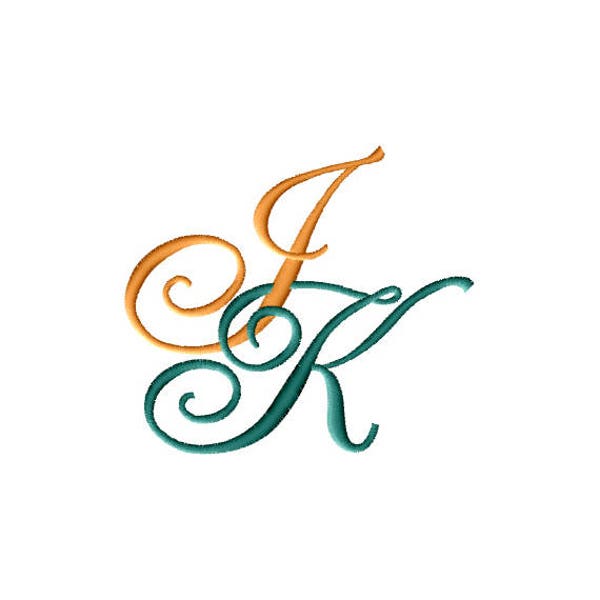 J and K #2 Two-Letter Monogram Combination  Machine  Embroidery Design in 6 Sizes - for 4" x 4" and 5"x 7"  and 6"x7" hoops