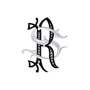 May include: Black and white monogram initial letter R with decorative flourishes. The letter is in a script font with a stylized design.