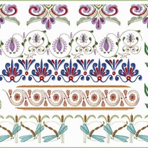May include: A collection of embroidery designs featuring floral patterns, geometric shapes, and dragonfly motifs. The designs are in shades of blue, red, green, and white.