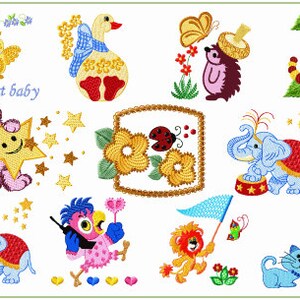 May include: A set of 12 embroidered designs featuring cute animals and objects, including a chick, a duck, a hedgehog, a caterpillar, a bear, a ladybug, an elephant, a parrot, a lion, a cat, a mouse, and a flower. The designs are perfect for embroidery projects, such as baby clothes, blankets, and home decor.