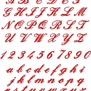 以下が含まれることがあります： 白地に赤色の筆記体フォントのアルファベット。大文字と小文字、数字の1から0までが含まれています。