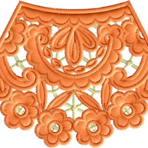 May include: Orange lace trim with a floral design. The trim has a scalloped edge and is perfect for adding a touch of elegance to any project.