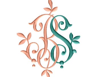 B and S 1 Two-Letter Monogram Machine  Embroidery Design in 6 Sizes 4"x4", 5"x7" and 6"x8" hoops