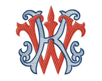 K and W #1 Two-Letter Monogram Combination  Machine  Embroidery Design in 5 Sizes - for 4" x 4" and 5"x 7"  and 8"x8" hoops
